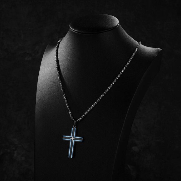 Men's Two-Tone Black & Blue Stainless Steel Carbon Fiber Cross Necklace - Picture 3 of 6